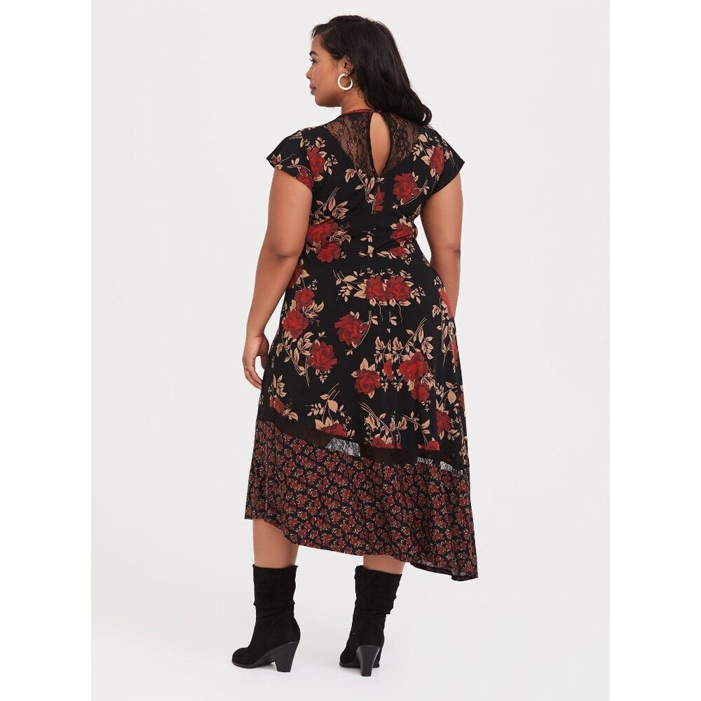 Torrid Midi Studio Knit Asymmetrical Black Flowers Dress Plus Size 1 (1X) - Picture 3 of 8